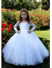 Long Sleeves White Lace Tulle Floor Length Flower Girl Dress